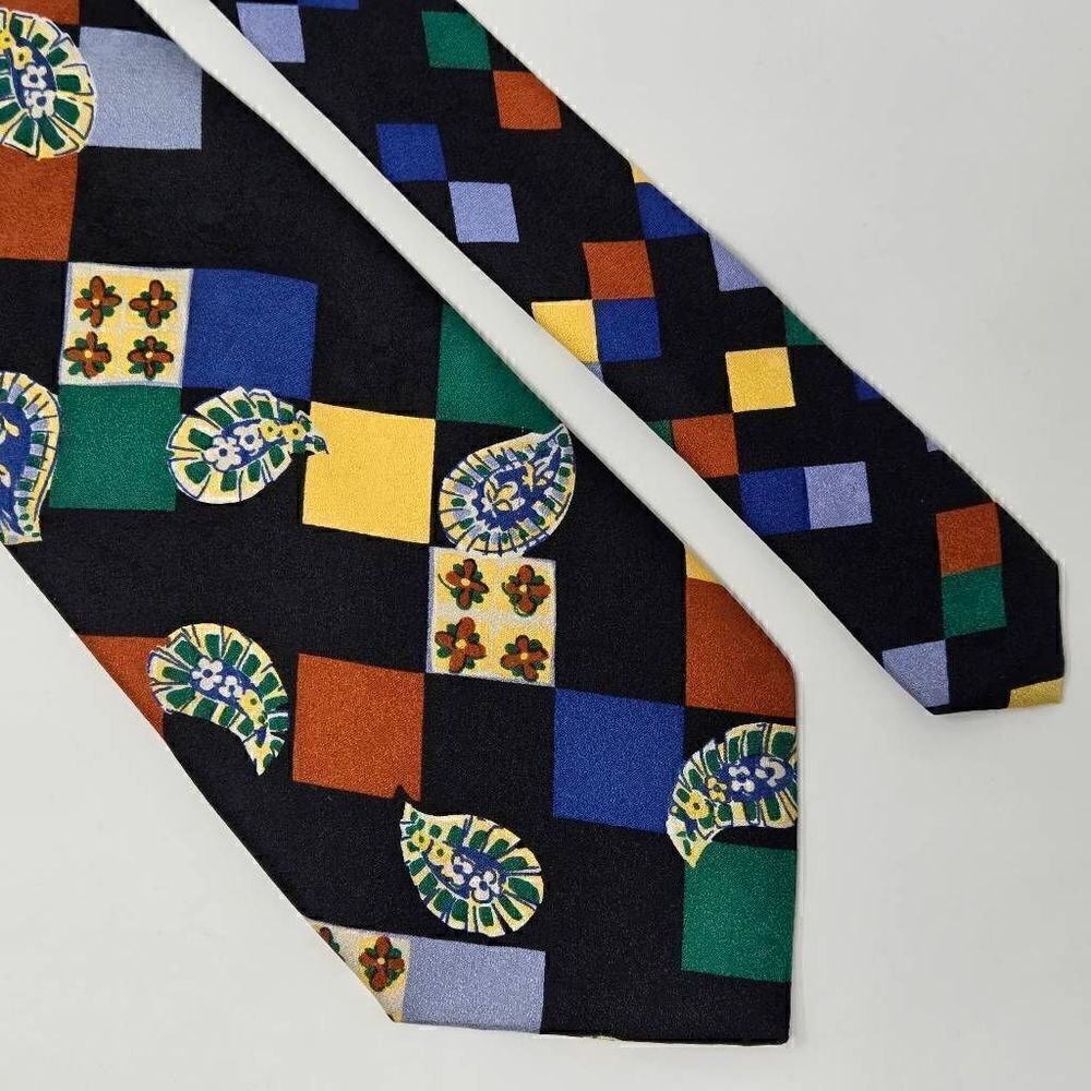 BRESCIANI MADE IN ITALY SILK TIE BLACK MULTI COLOR PAISLEY SQUARES 4" X 58"